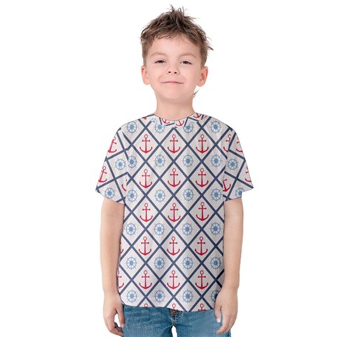 Seamless Pattern With Cross Lines Steering Wheel Anchor Kids  Cotton Tee by Wegoenart