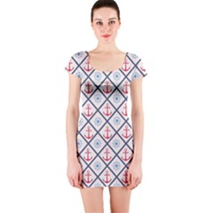 Seamless Pattern With Cross Lines Steering Wheel Anchor Short Sleeve Bodycon Dress by Wegoenart