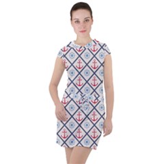 Seamless Pattern With Cross Lines Steering Wheel Anchor Drawstring Hooded Dress by Wegoenart