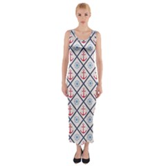 Seamless Pattern With Cross Lines Steering Wheel Anchor Fitted Maxi Dress by Wegoenart