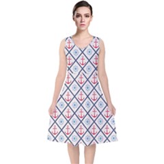 Seamless Pattern With Cross Lines Steering Wheel Anchor V-neck Midi Sleeveless Dress  by Wegoenart