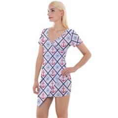 Seamless Pattern With Cross Lines Steering Wheel Anchor Short Sleeve Asymmetric Mini Dress by Wegoenart