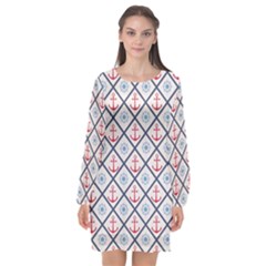 Seamless Pattern With Cross Lines Steering Wheel Anchor Long Sleeve Chiffon Shift Dress  by Wegoenart