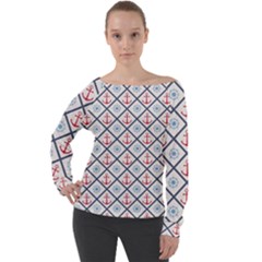 Seamless Pattern With Cross Lines Steering Wheel Anchor Off Shoulder Long Sleeve Velour Top