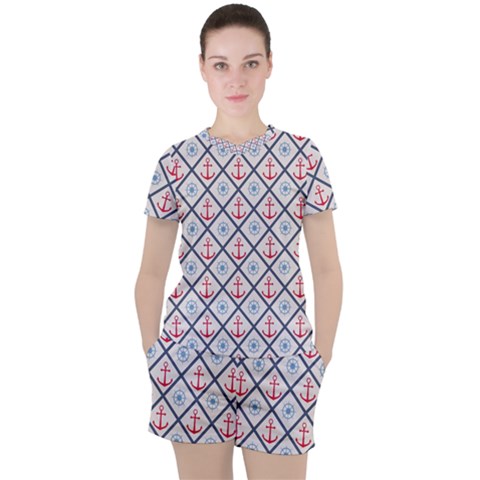 Seamless Pattern With Cross Lines Steering Wheel Anchor Women s Tee And Shorts Set by Wegoenart