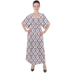 Seamless Pattern With Cross Lines Steering Wheel Anchor V-neck Boho Style Maxi Dress by Wegoenart