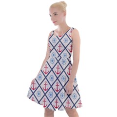 Seamless Pattern With Cross Lines Steering Wheel Anchor Knee Length Skater Dress by Wegoenart