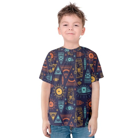 Trendy African Maya Seamless Pattern With Doodle Hand Drawn Ancient Objects Kids  Cotton Tee by Wegoenart