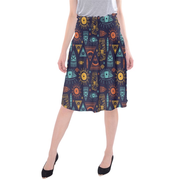 Trendy African Maya Seamless Pattern With Doodle Hand Drawn Ancient Objects Midi Beach Skirt