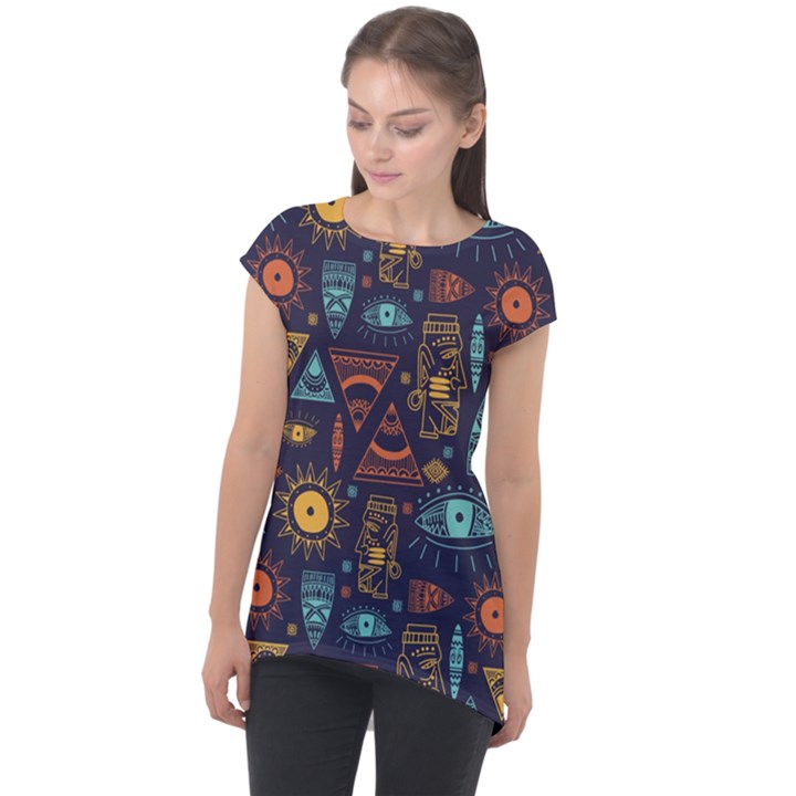 Trendy African Maya Seamless Pattern With Doodle Hand Drawn Ancient Objects Cap Sleeve High Low Top