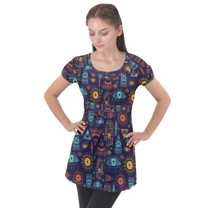 Trendy African Maya Seamless Pattern With Doodle Hand Drawn Ancient Objects Puff Sleeve Tunic Top