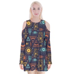 Trendy African Maya Seamless Pattern With Doodle Hand Drawn Ancient Objects Velvet Long Sleeve Shoulder Cutout Dress by Wegoenart