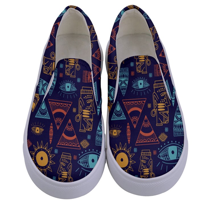 Trendy African Maya Seamless Pattern With Doodle Hand Drawn Ancient Objects Kids  Canvas Slip Ons