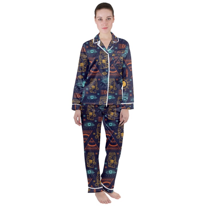 Trendy African Maya Seamless Pattern With Doodle Hand Drawn Ancient Objects Satin Long Sleeve Pyjamas Set