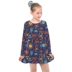 Trendy African Maya Seamless Pattern With Doodle Hand Drawn Ancient Objects Kids  Long Sleeve Dress by Wegoenart