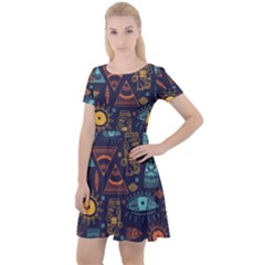 Trendy African Maya Seamless Pattern With Doodle Hand Drawn Ancient Objects Cap Sleeve Velour Dress  by Wegoenart