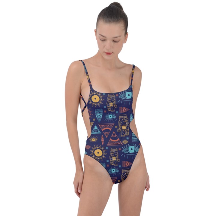 Trendy African Maya Seamless Pattern With Doodle Hand Drawn Ancient Objects Tie Strap One Piece Swimsuit