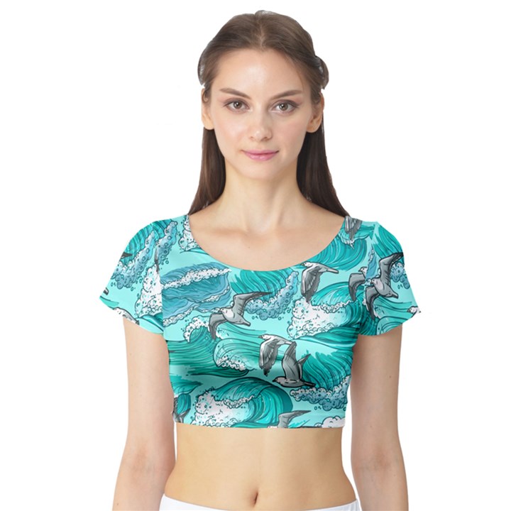 Sea Waves Seamless Pattern Short Sleeve Crop Top