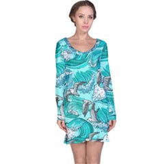 Sea Waves Seamless Pattern Long Sleeve Nightdress by Wegoenart