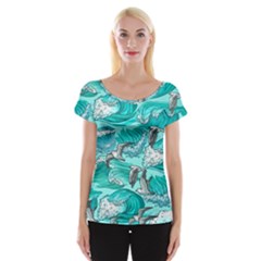 Sea Waves Seamless Pattern Cap Sleeve Top by Wegoenart