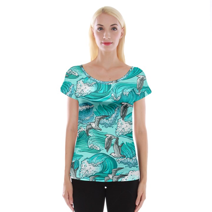 Sea Waves Seamless Pattern Cap Sleeve Top