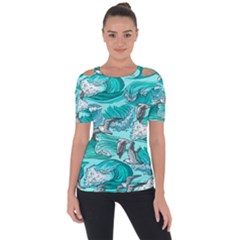 Sea Waves Seamless Pattern Shoulder Cut Out Short Sleeve Top by Wegoenart