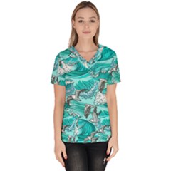 Sea Waves Seamless Pattern Women s V-neck Scrub Top by Wegoenart