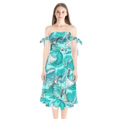 Sea Waves Seamless Pattern Shoulder Tie Bardot Midi Dress by Wegoenart