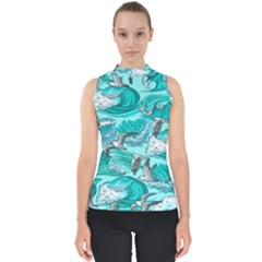 Sea Waves Seamless Pattern Mock Neck Shell Top by Wegoenart