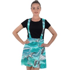 Sea Waves Seamless Pattern Velvet Suspender Skater Skirt by Wegoenart