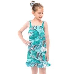 Sea Waves Seamless Pattern Kids  Overall Dress