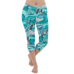 Sea Waves Seamless Pattern Lightweight Velour Capri Yoga Leggings by Wegoenart