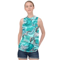 Sea Waves Seamless Pattern High Neck Satin Top by Wegoenart