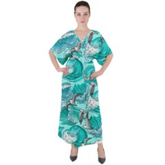 Sea Waves Seamless Pattern V-neck Boho Style Maxi Dress by Wegoenart