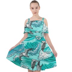 Sea Waves Seamless Pattern Cut Out Shoulders Chiffon Dress