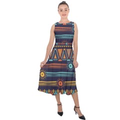 Bohemian Ethnic Seamless Pattern With Tribal Stripes Midi Tie-back Chiffon Dress by Wegoenart