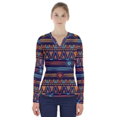 Bohemian Ethnic Seamless Pattern With Tribal Stripes V-neck Long Sleeve Top by Wegoenart