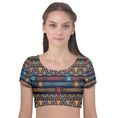 Bohemian Ethnic Seamless Pattern With Tribal Stripes Velvet Short Sleeve Crop Top  by Wegoenart