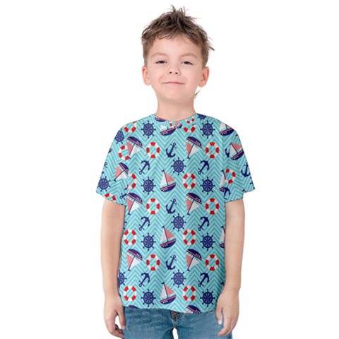 Seamless Pattern Nautical Theme Kids  Cotton Tee by Wegoenart