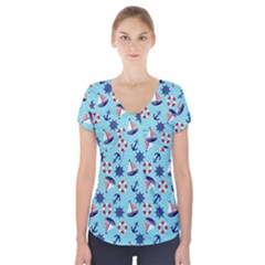 Seamless Pattern Nautical Theme Short Sleeve Front Detail Top by Wegoenart