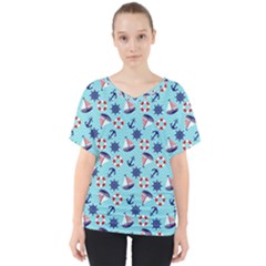 Seamless Pattern Nautical Theme V-neck Dolman Drape Top by Wegoenart