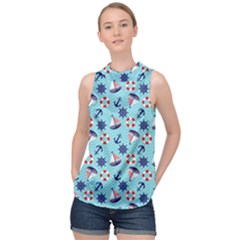 Seamless Pattern Nautical Theme High Neck Satin Top