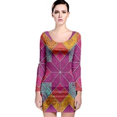 Ethnic Floral Mosaic Pattern Long Sleeve Bodycon Dress by Wegoenart