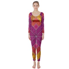 Ethnic Floral Mosaic Pattern Long Sleeve Catsuit by Wegoenart