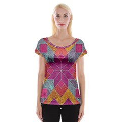 Ethnic Floral Mosaic Pattern Cap Sleeve Top by Wegoenart