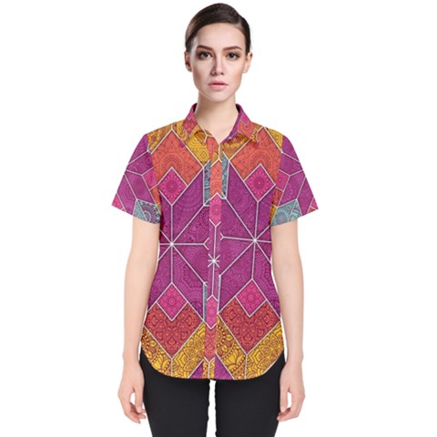 Ethnic Floral Mosaic Pattern Women s Short Sleeve Shirt by Wegoenart