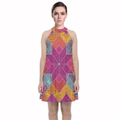 Ethnic Floral Mosaic Pattern Velvet Halter Neckline Dress 