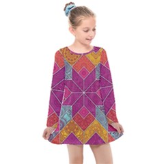 Ethnic Floral Mosaic Pattern Kids  Long Sleeve Dress