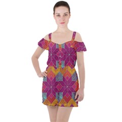 Ethnic Floral Mosaic Pattern Ruffle Cut Out Chiffon Playsuit by Wegoenart