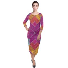 Ethnic Floral Mosaic Pattern Quarter Sleeve Midi Velour Bodycon Dress by Wegoenart